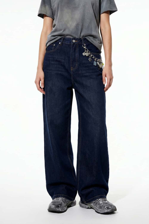 Wide-Leg Washed Denim Jeans - Blue