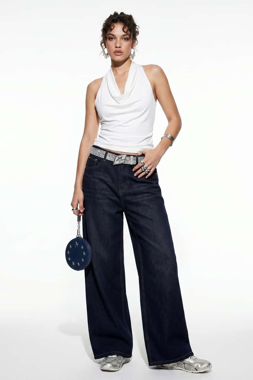 Wide-Leg Washed Denim Jeans - Blue