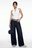 Wide-Leg Washed Denim Jeans - Blue