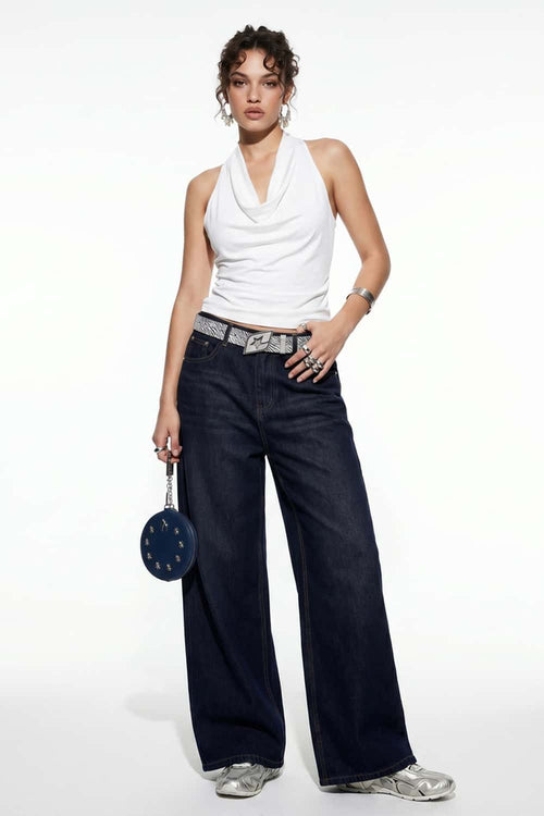 Wide-Leg Washed Denim Jeans - Blue