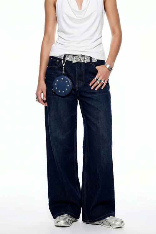 Wide-Leg Washed Denim Jeans - Blue