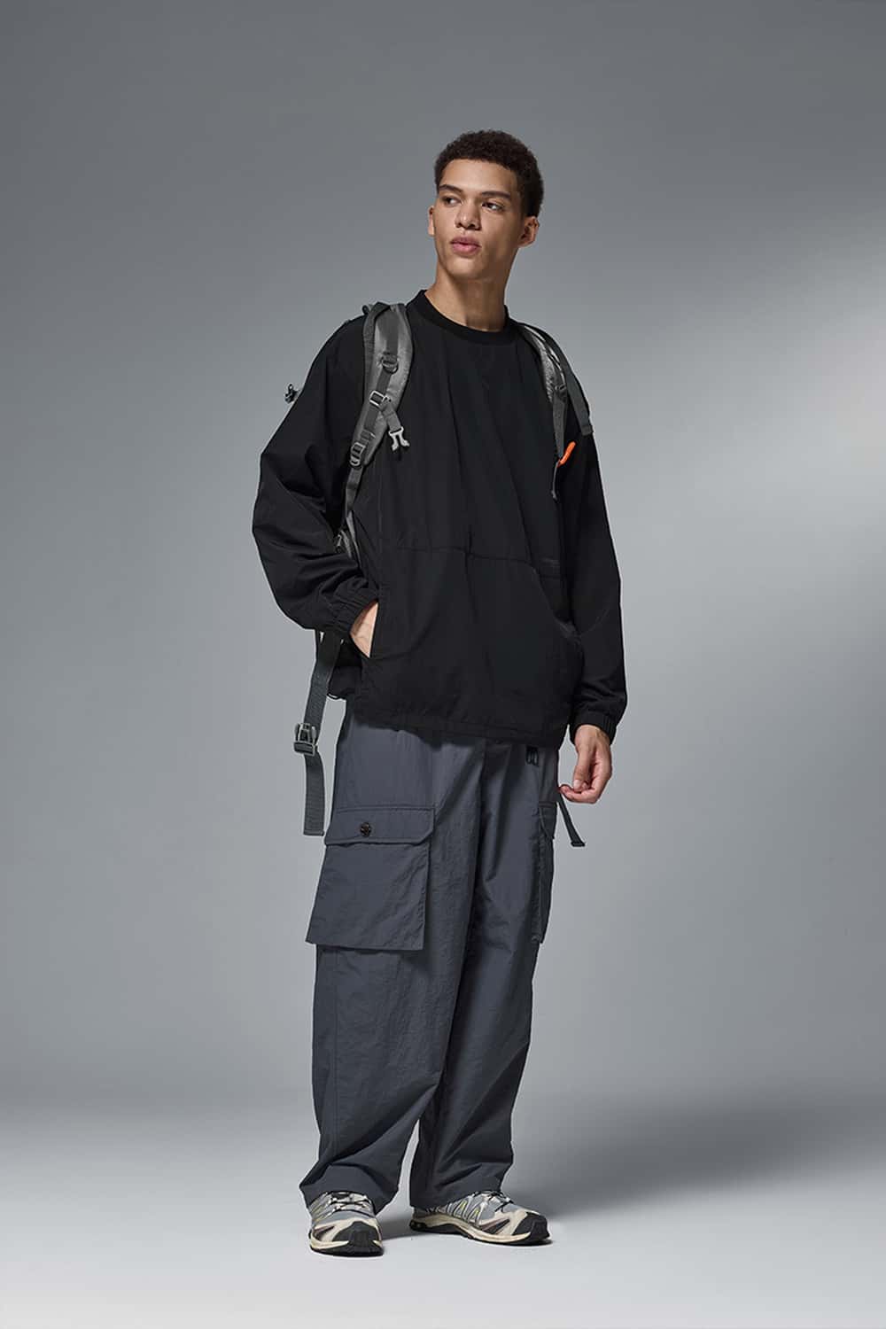 Nylon Drawstring Hem Pullover - Black