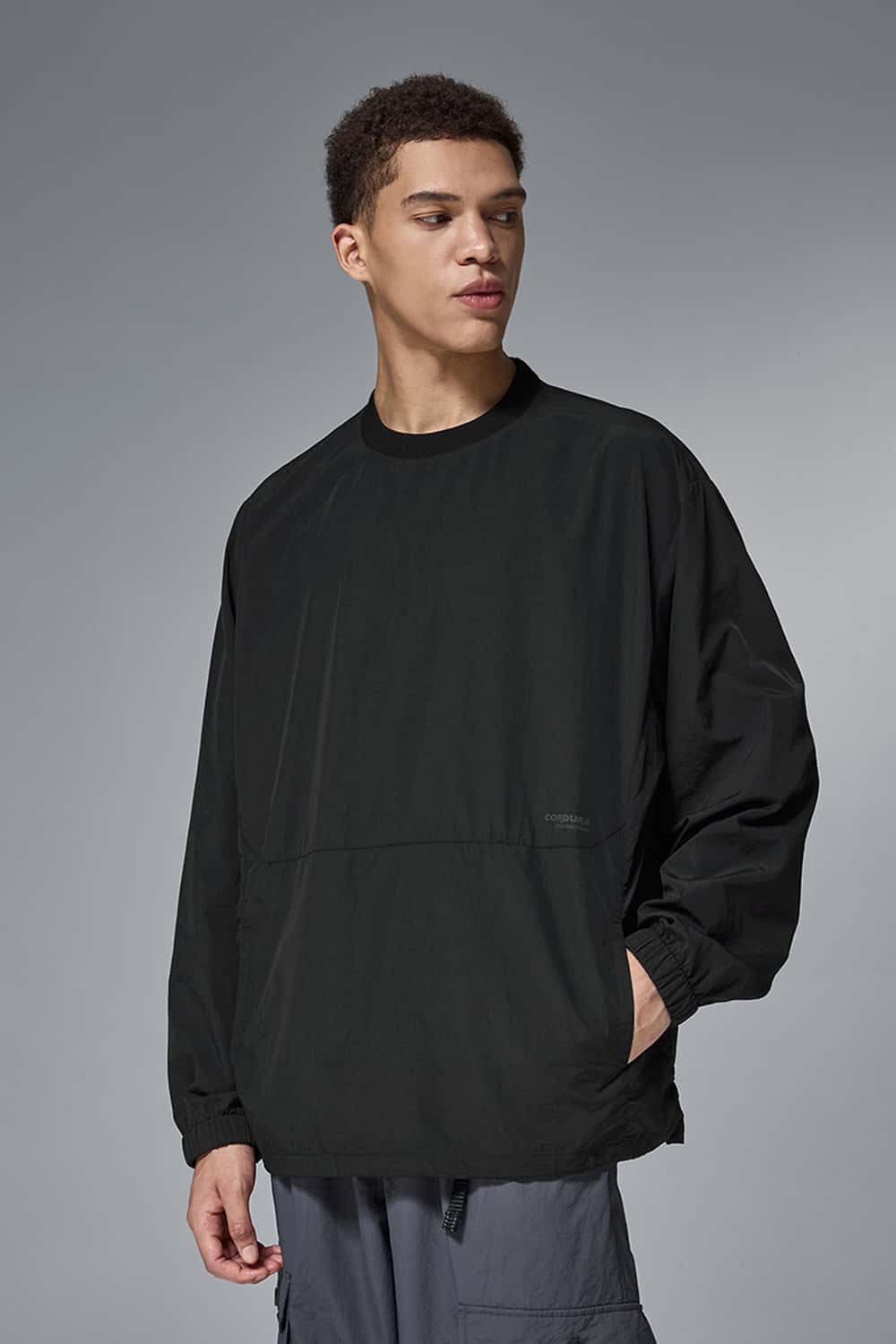 Nylon Drawstring Hem Pullover - Black