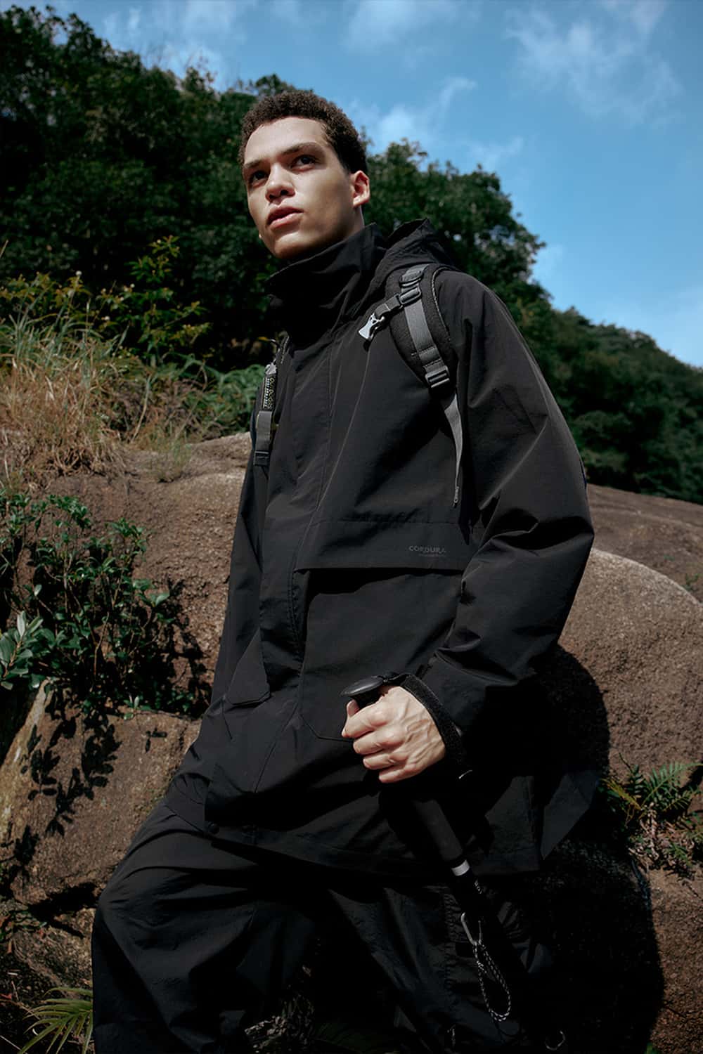 Hooded Longline Nylon Jacket - Black