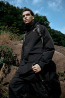 Hooded Longline Nylon Jacket - Black