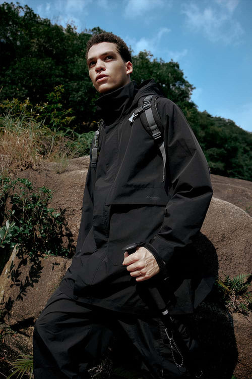 Hooded Longline Nylon Jacket - Black