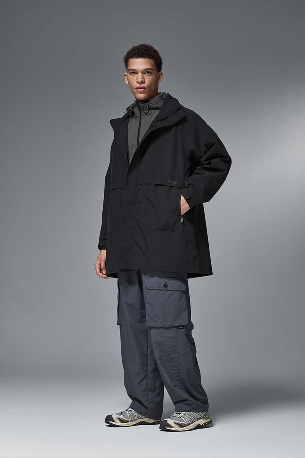 Hooded Longline Nylon Jacket - Black