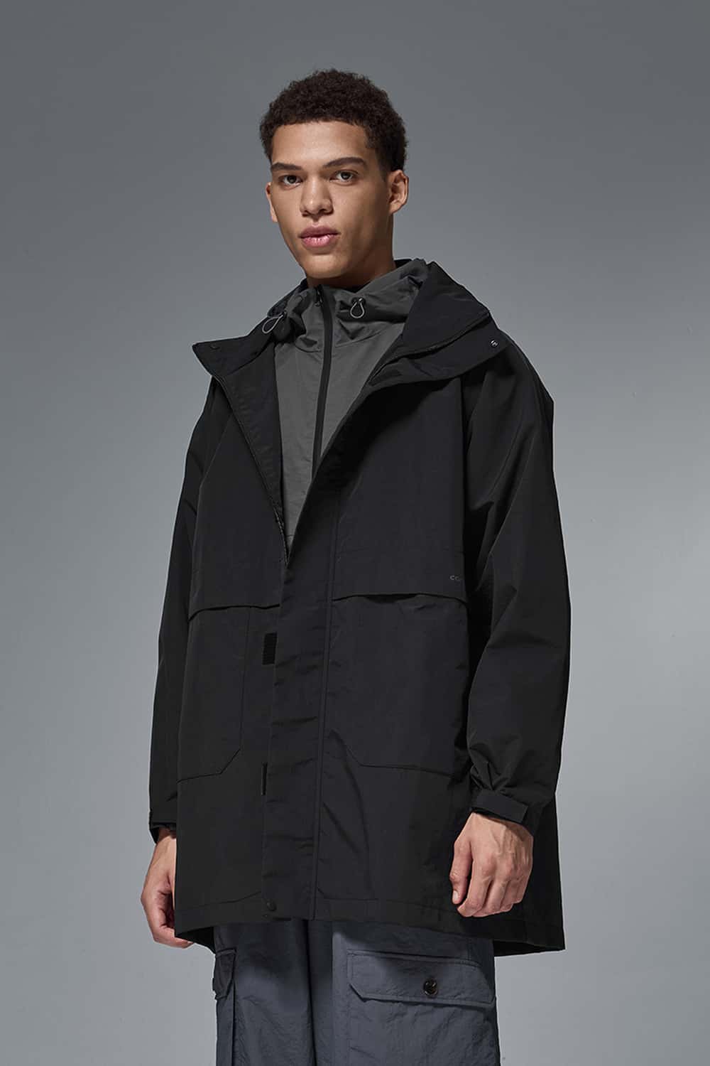 Hooded Longline Nylon Jacket - Black