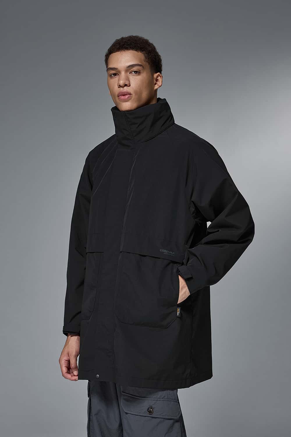 Hooded Longline Nylon Jacket - Black