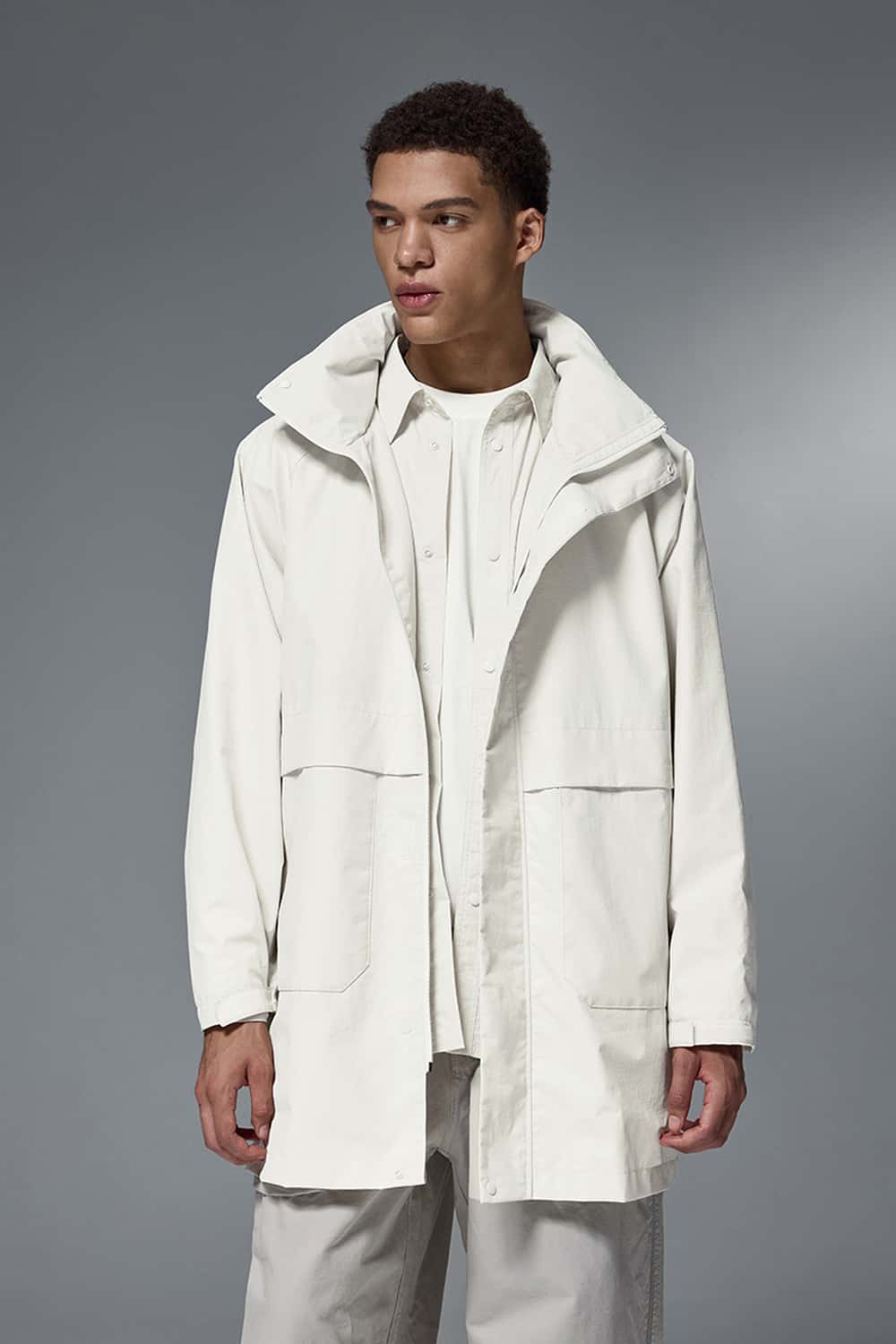 Hooded Longline Nylon Jacket - White