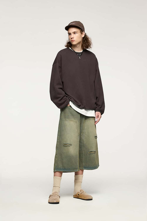 Loose Fleece Crewneck Sweatshirt - Brown