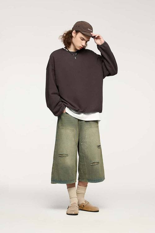 Loose Fleece Crewneck Sweatshirt - Brown
