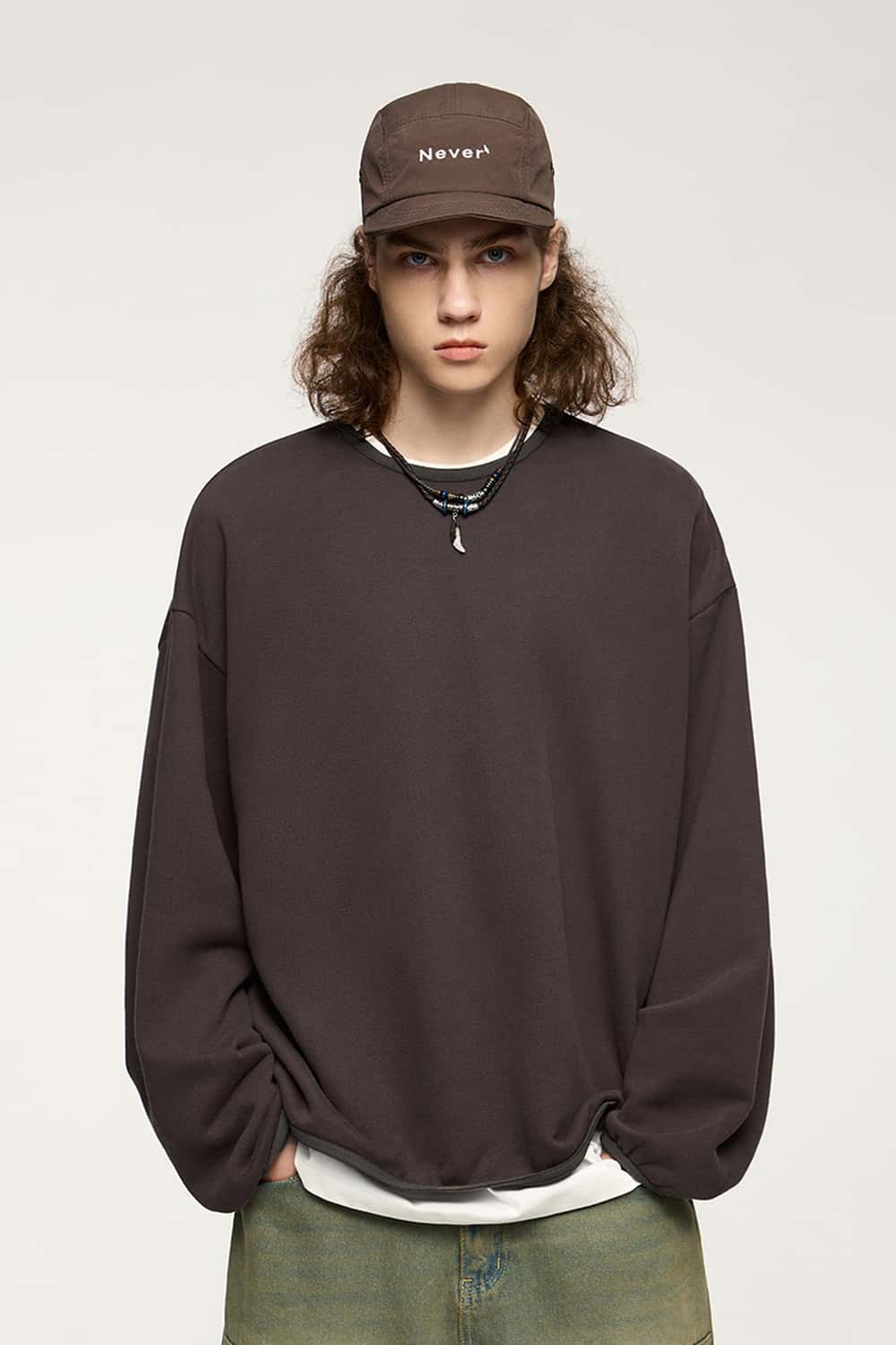 Loose Fleece Crewneck Sweatshirt - Brown