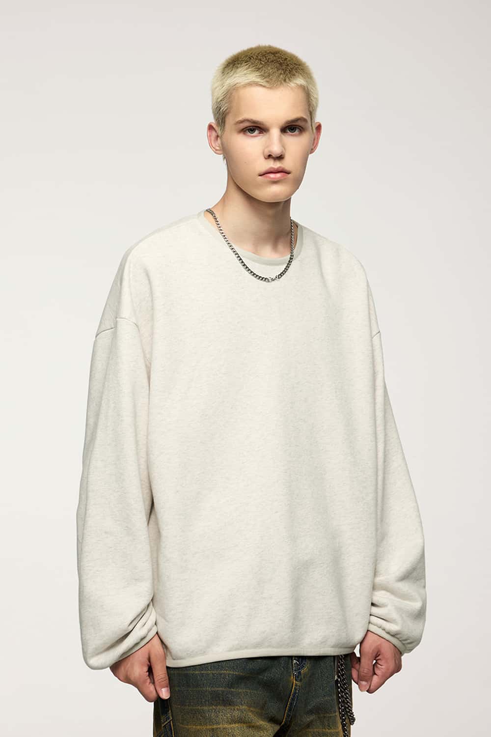 Loose Fleece Crewneck Sweatshirt - Flower Gray
