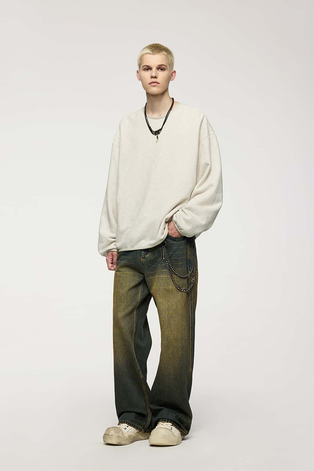 Loose Fleece Crewneck Sweatshirt - Flower Gray