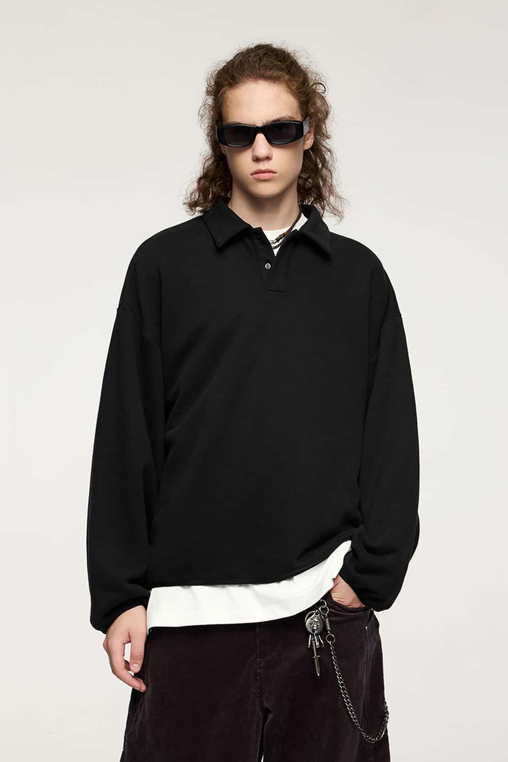 Fleece Polo Collar Sweatshirt - Active Black