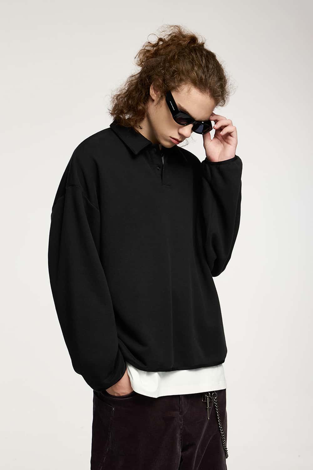 Fleece Polo Collar Sweatshirt - Active Black