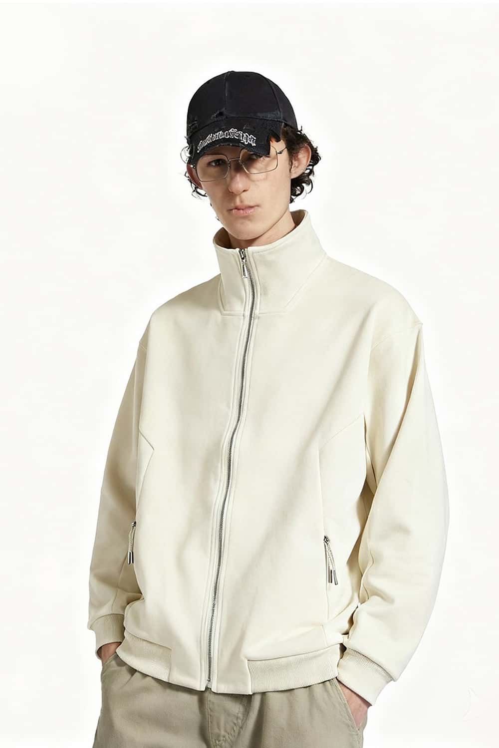 Fleece Stand-Collar Zip Jacket - White