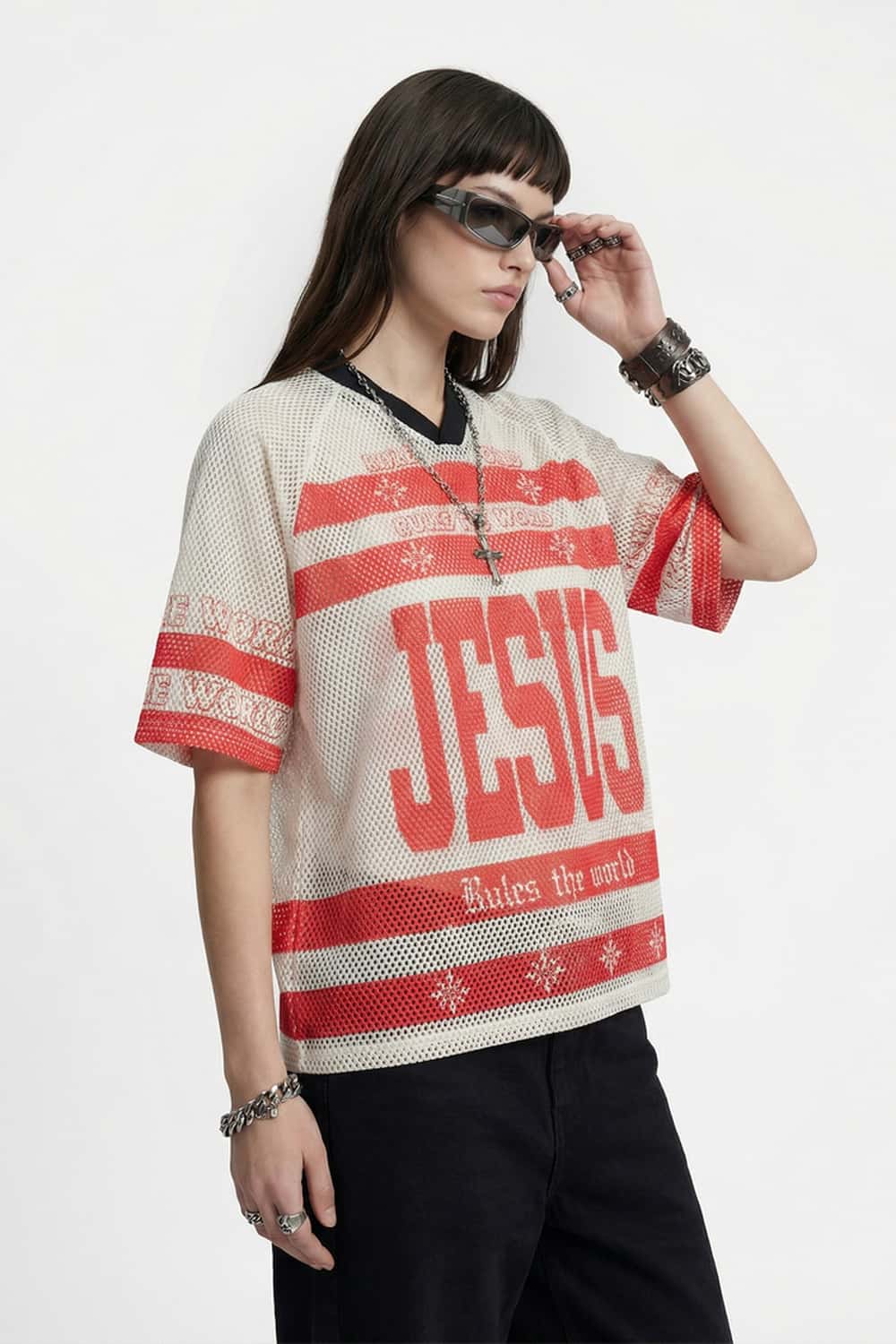 Graphic Mesh V-Neck Jersey - Red
