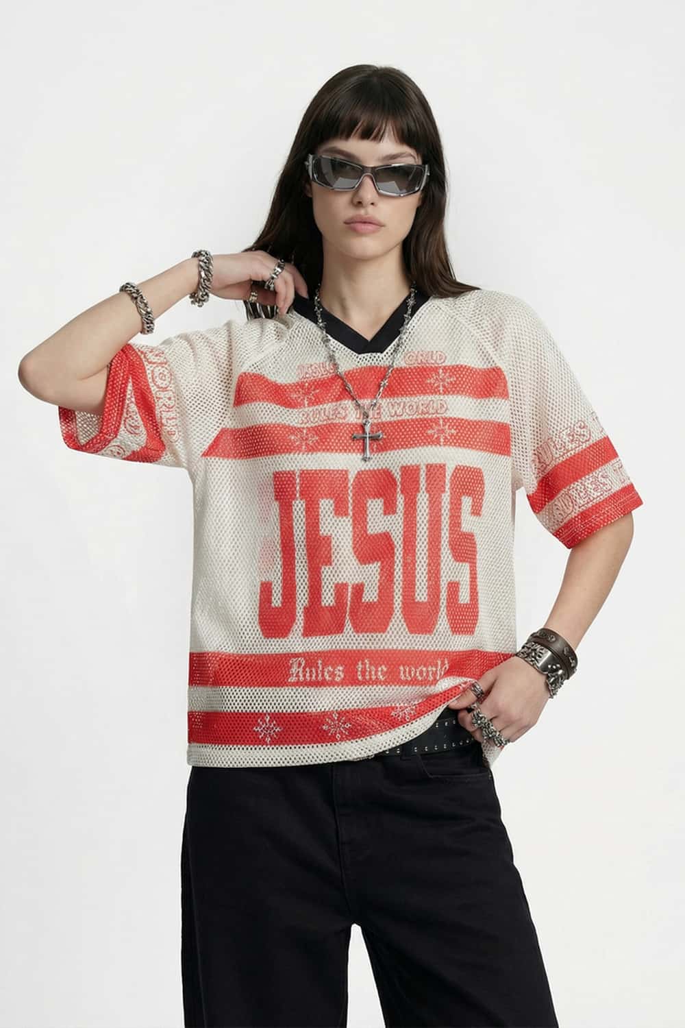 Graphic Mesh V-Neck Jersey - Red