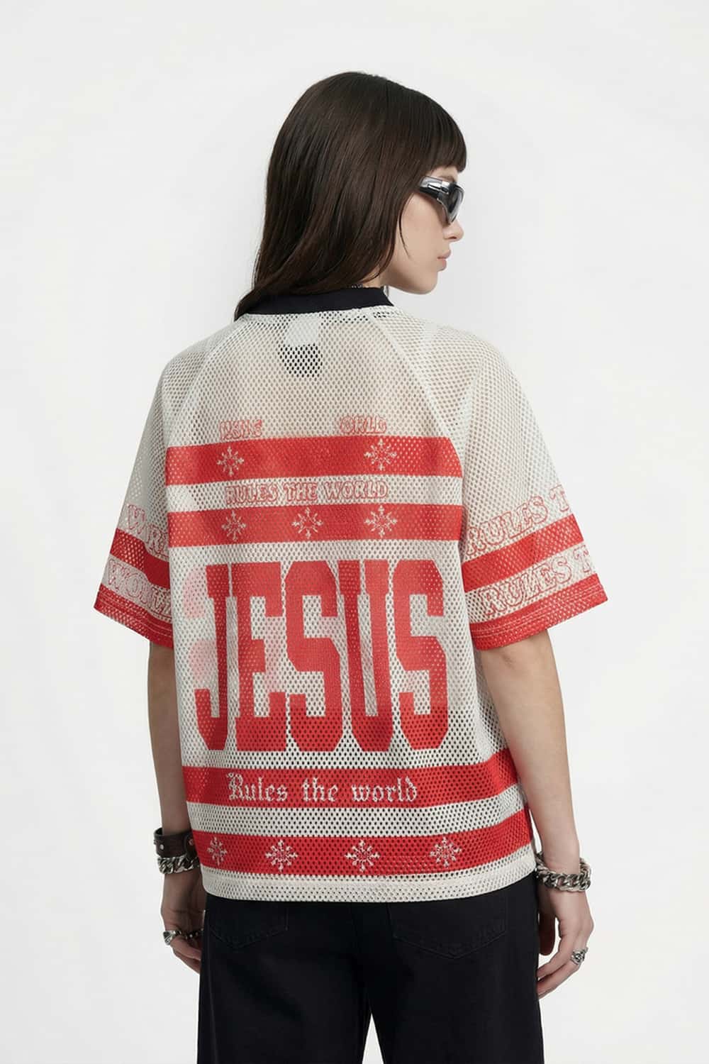 Graphic Mesh V-Neck Jersey - Red