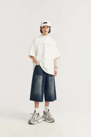 Washed Wide-Leg Denim Shorts - Blue