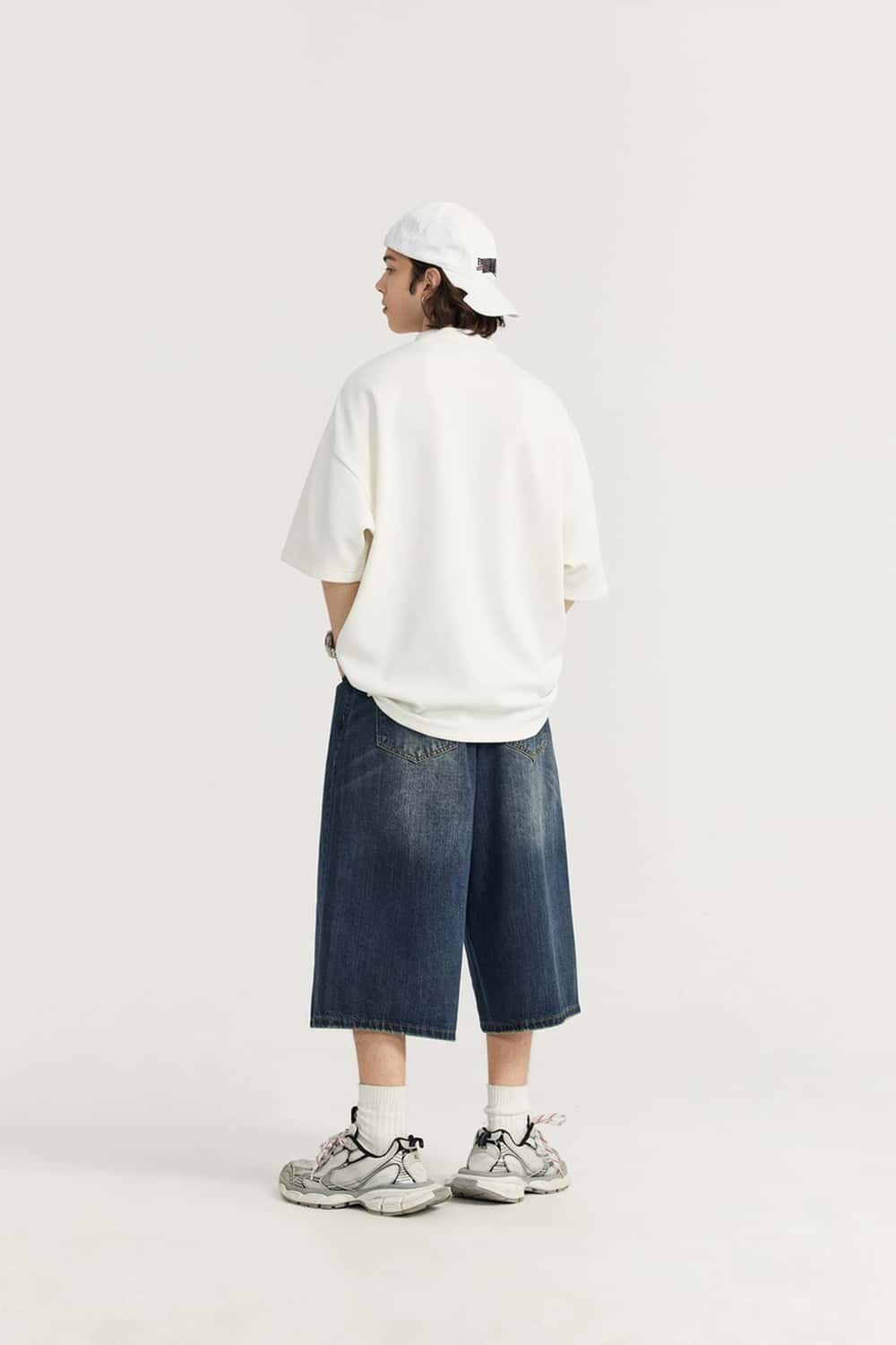 Washed Wide-Leg Denim Shorts - Blue