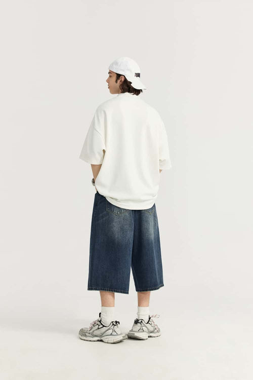 Washed Wide-Leg Denim Shorts - Blue
