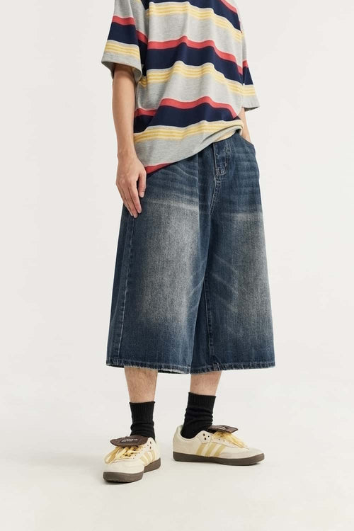 Washed Wide-Leg Denim Shorts - Blue