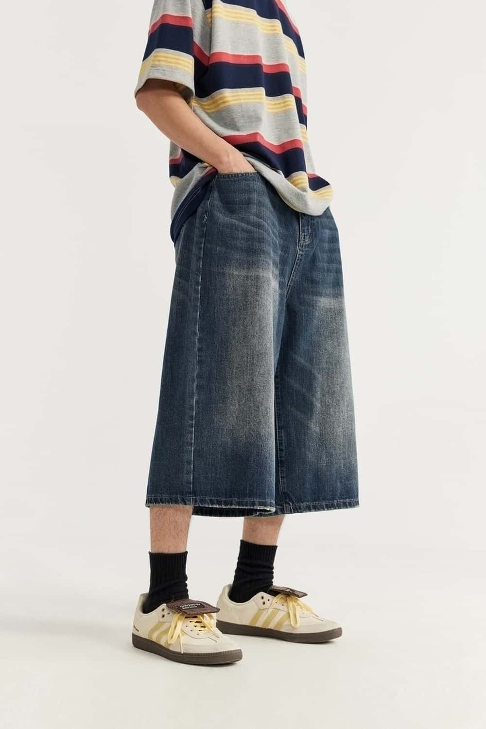 Washed Wide-Leg Denim Shorts - Blue