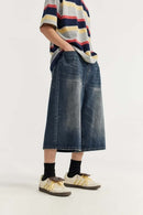 Washed Wide-Leg Denim Shorts - Blue