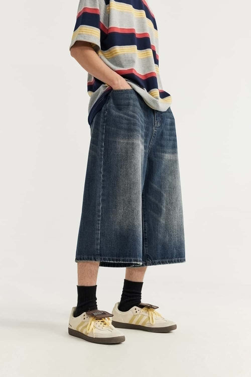 Washed Wide-Leg Denim Shorts - Blue