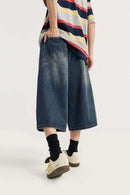 Washed Wide-Leg Denim Shorts - Blue