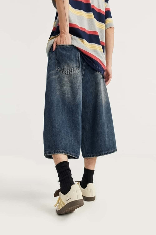 Washed Wide-Leg Denim Shorts - Blue