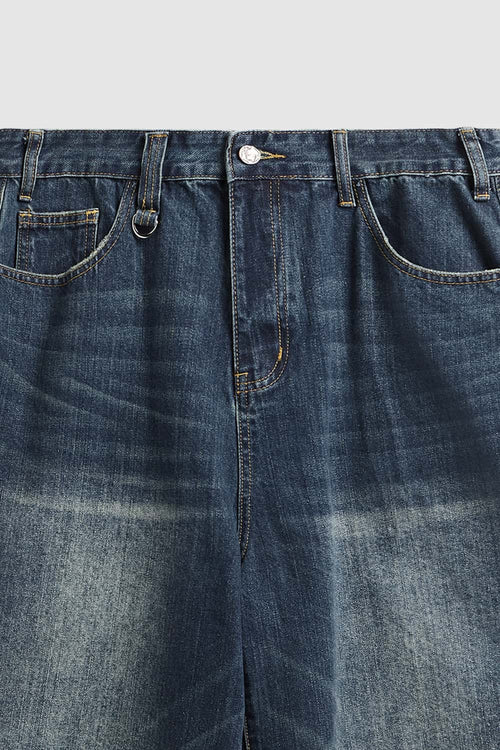 Washed Wide-Leg Denim Shorts - Blue