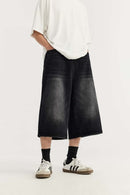 Washed Wide-Leg Denim Shorts - Charcoal Gray