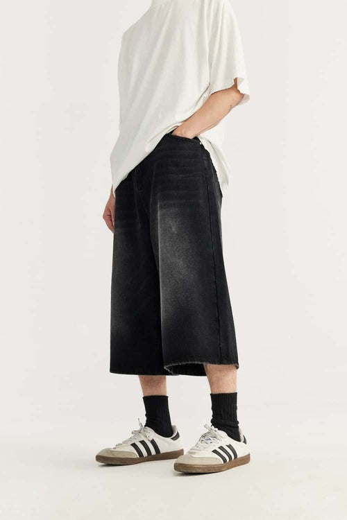 Washed Wide-Leg Denim Shorts - Charcoal Gray