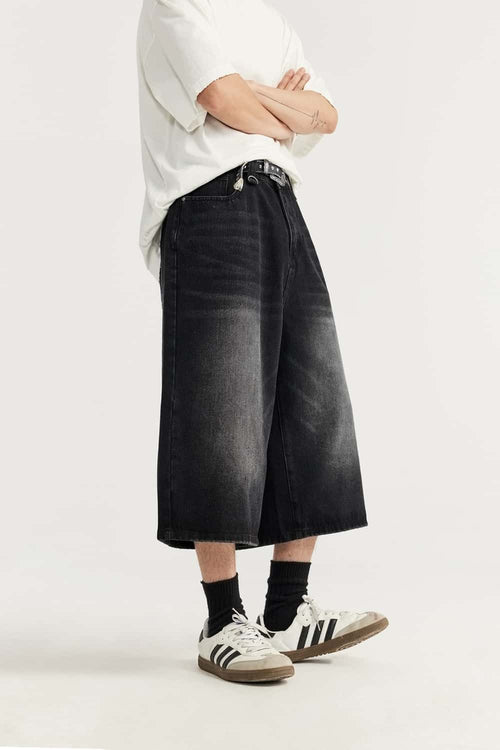 Washed Wide-Leg Denim Shorts - Charcoal Gray