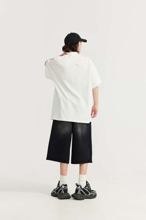 Washed Wide-Leg Denim Shorts - Charcoal Gray