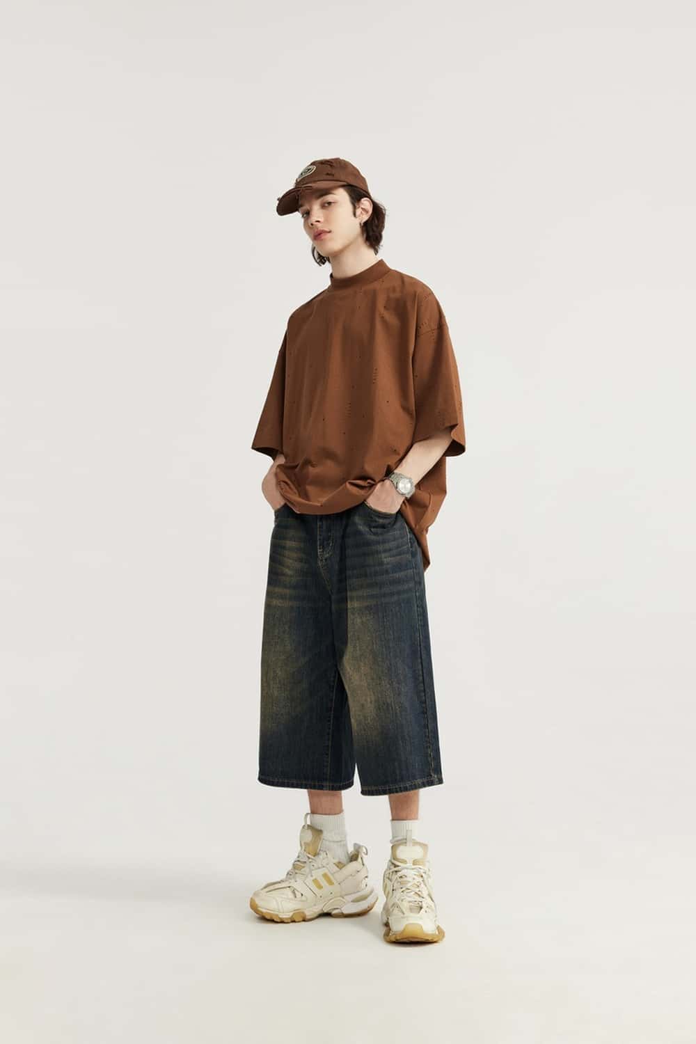Washed Wide-Leg Denim Shorts - Grayish Coffee