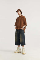 Washed Wide-Leg Denim Shorts - Grayish Coffee