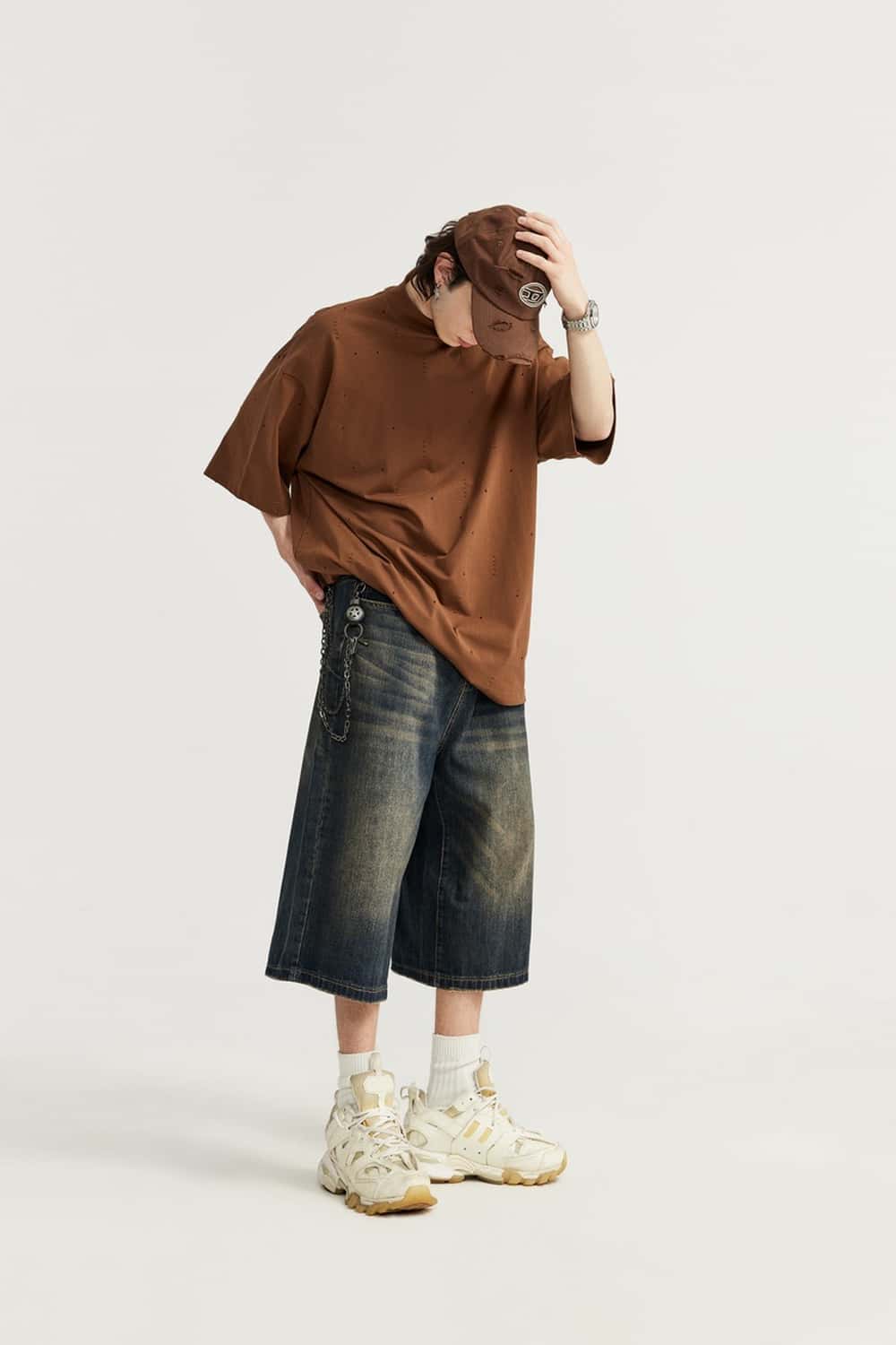 Washed Wide-Leg Denim Shorts - Grayish Coffee