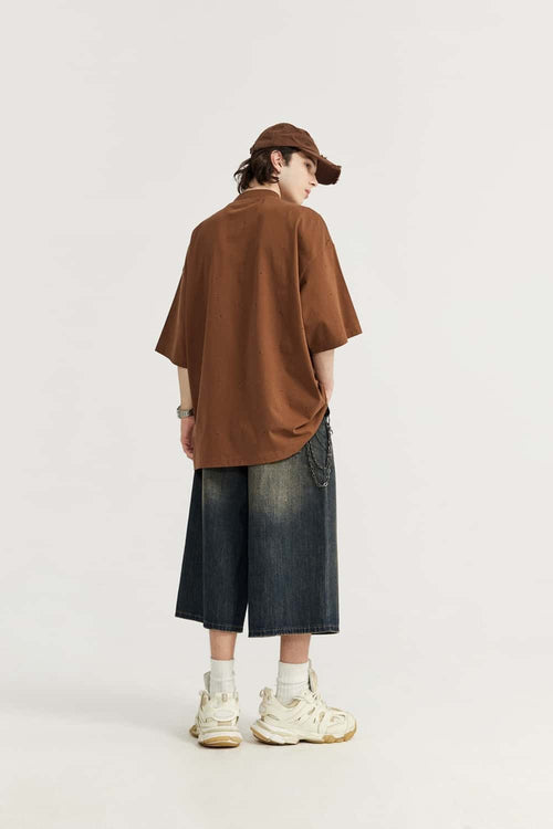 Washed Wide-Leg Denim Shorts - Grayish Coffee
