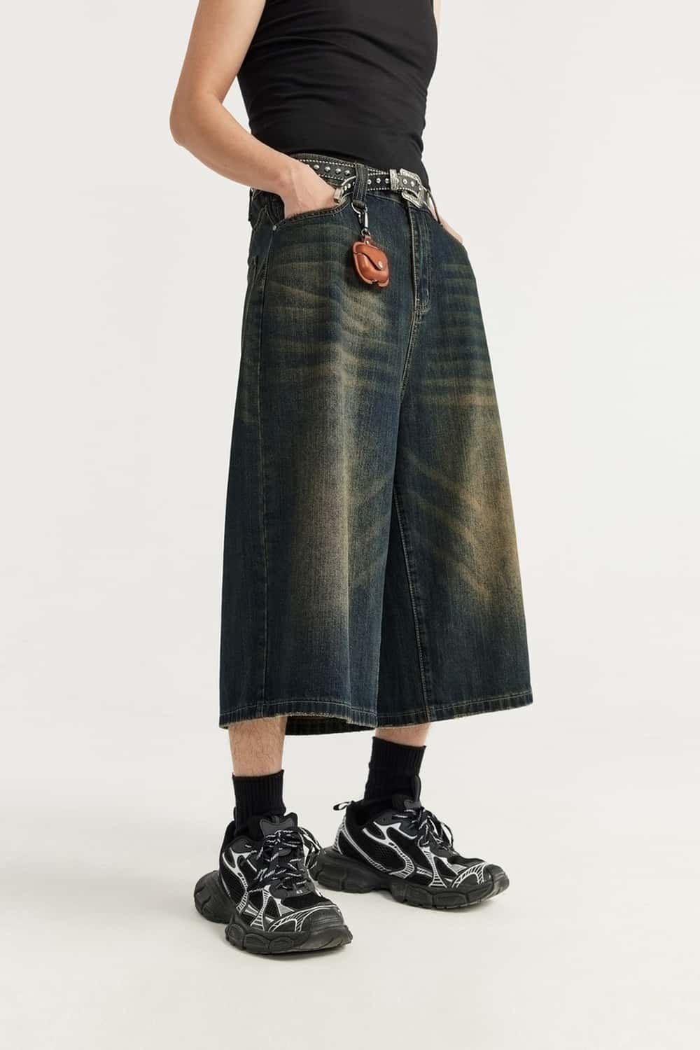 Washed Wide-Leg Denim Shorts - Grayish Coffee