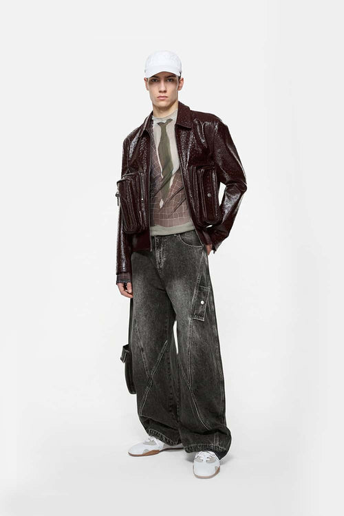 Washed Barrel-Leg Utility Jeans - Black