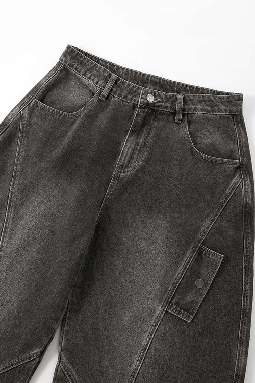 Washed Barrel-Leg Utility Jeans - Black