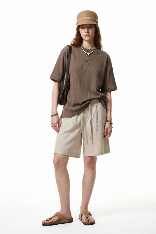 Textured Henley Short Sleeve Tee - Brown