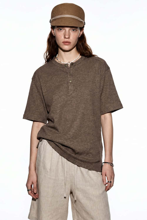 Textured Henley Short Sleeve Tee - Brown