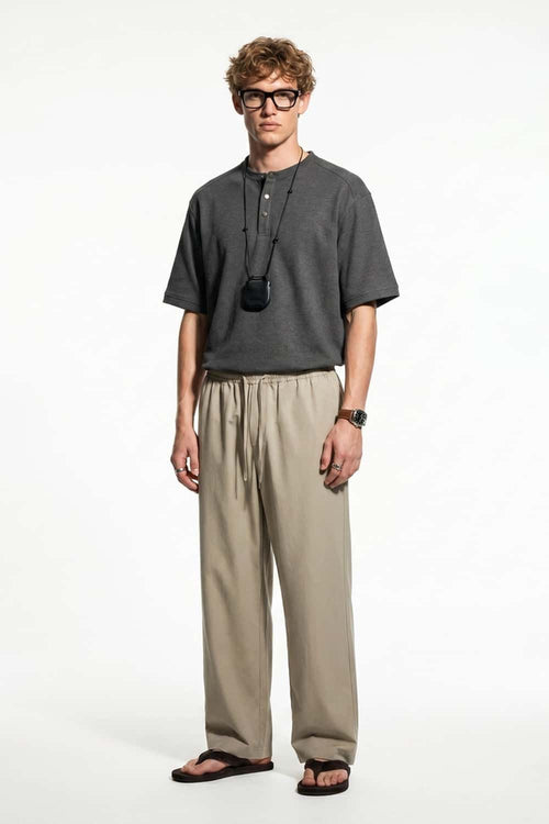 Textured Henley Short Sleeve Tee - Dark Gray