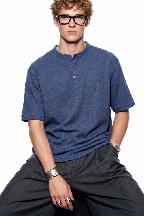 Textured Henley Short Sleeve Tee - Purple